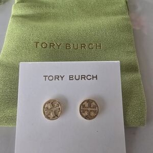 Tory Burch Gold Logo Stud Earrings with Green Pouch